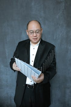 Professional man in suit reviewing documents against a gray background, expressing focus and business intent.