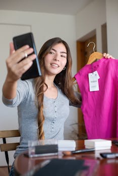 Young woman live streaming a fashion review while showcasing a pink dress from home.