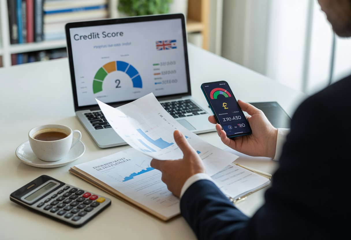 A person at a desk reviewing financial documents and a laptop showing credit score information with UK-related financial items around.