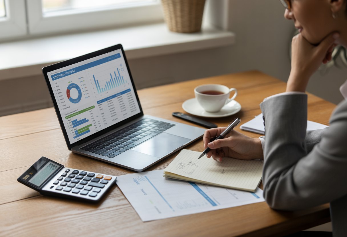 A person reviewing financial documents at a tidy desk with a laptop, calculator, and notepad in a bright room.