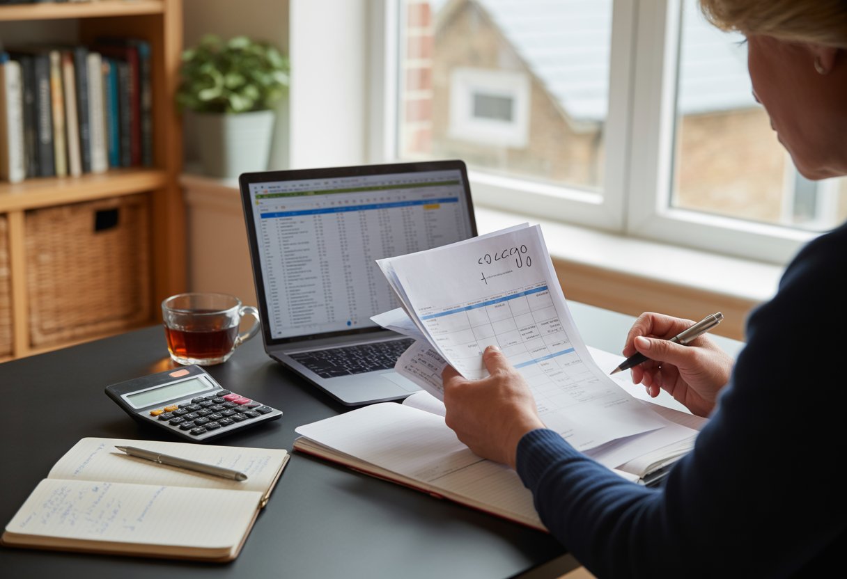 Person sitting at a desk in a home office reviewing financial documents with a laptop and calculator nearby.