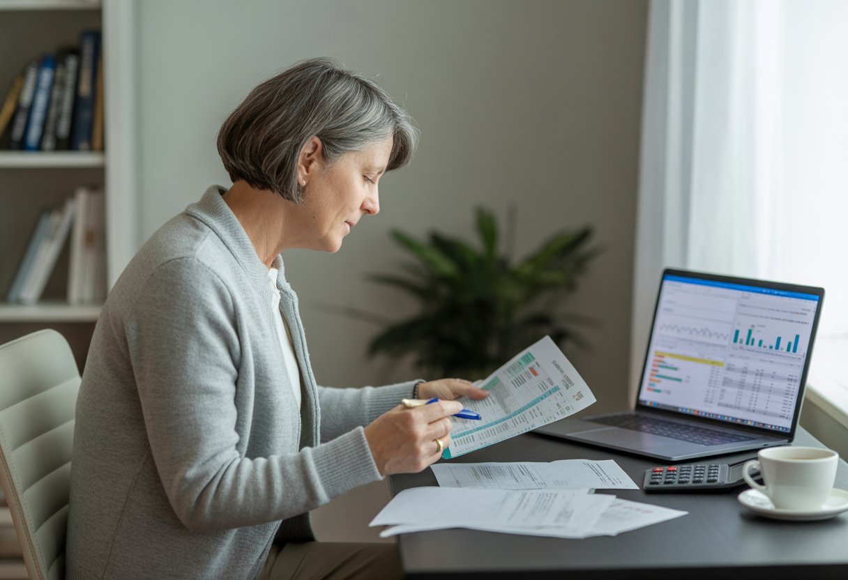 A person sitting at a desk reviewing financial documents with a laptop, calculator, and papers in a home office.