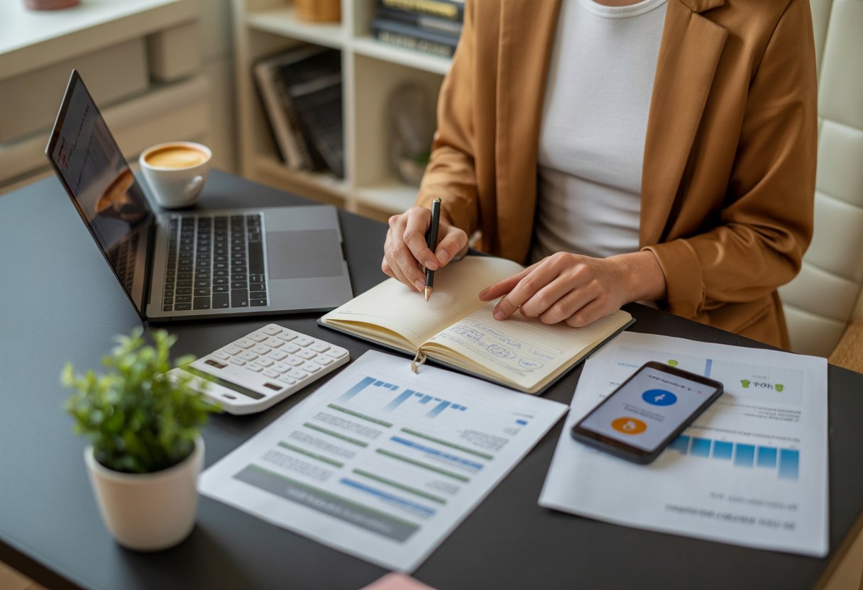 Person at a desk reviewing financial documents with a laptop, calculator, and notebook in a tidy home office.