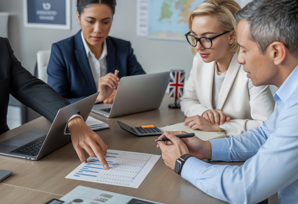 People in a modern office discussing financial documents and charts related to debt solutions in the UK.