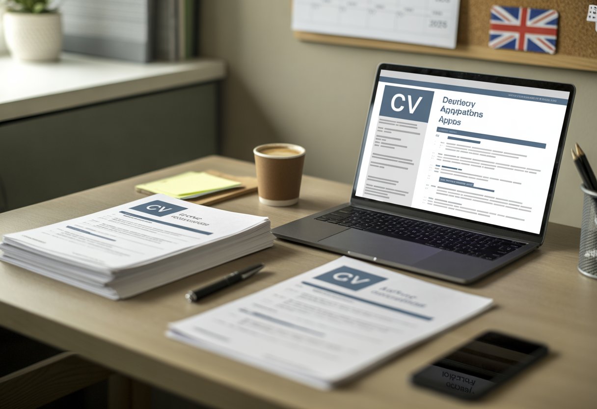 A tidy desk with a laptop showing a CV template, printed CVs, a pen, coffee cup, and a smartphone, with a calendar and UK flag in the background.