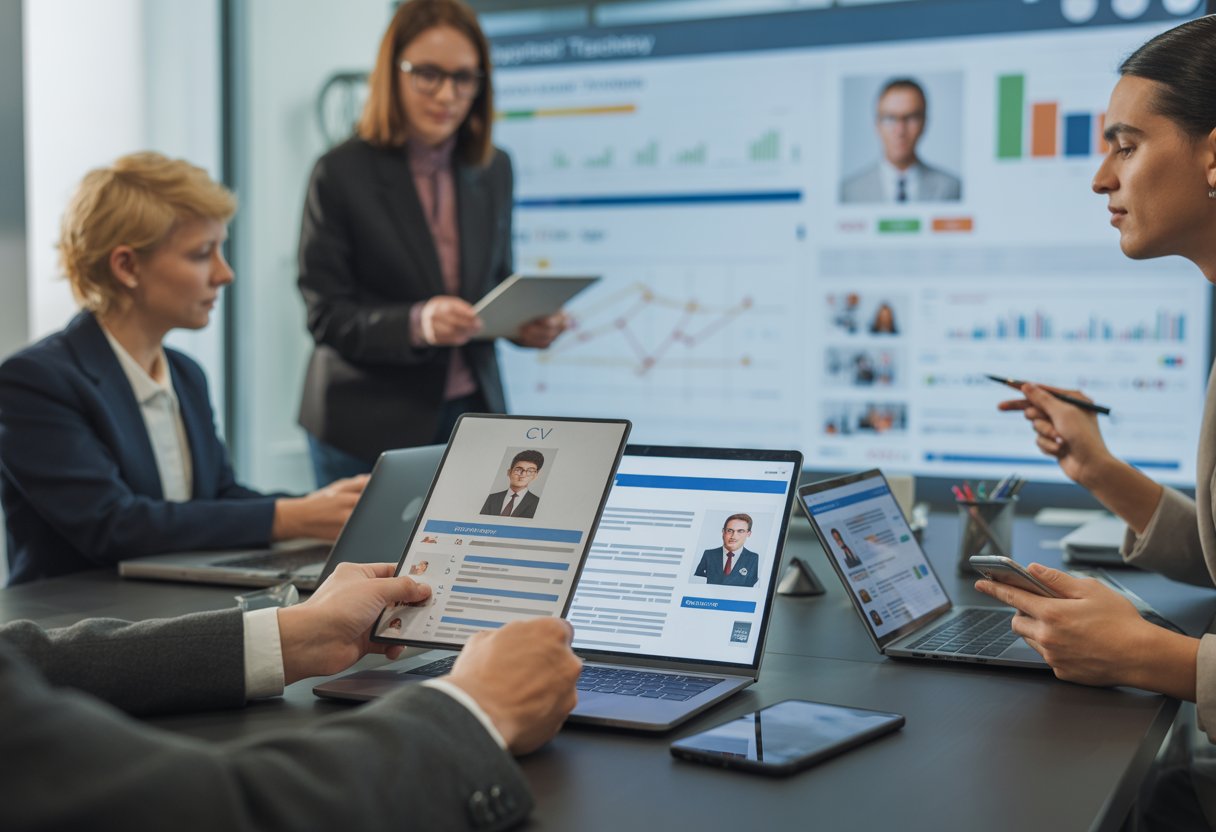 A group of professionals working together in an office, reviewing digital CVs and data on screens related to job applications.