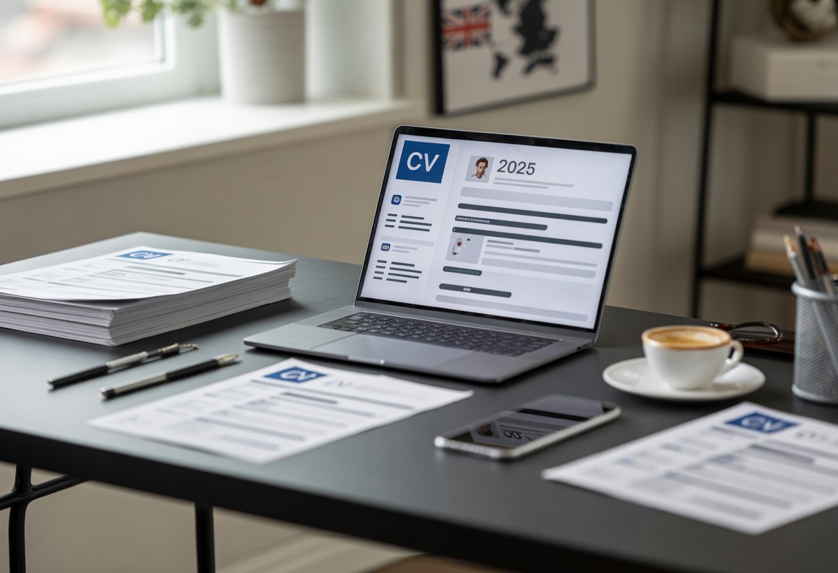 A modern workspace with a laptop showing a UK CV layout, printed CVs, coffee cup, and office items on a desk near a window.