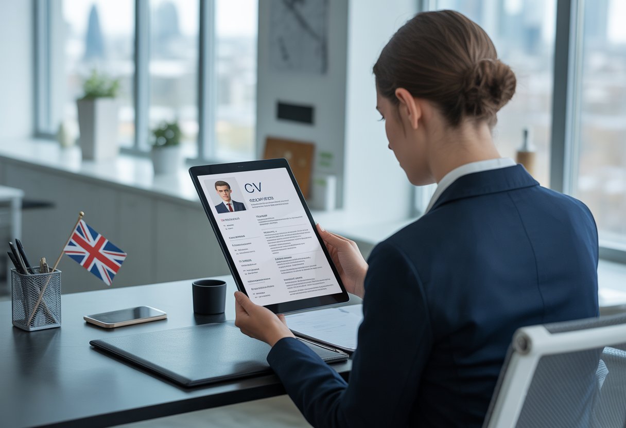 A young professional reviewing a CV on a tablet in a modern office with a view of the London skyline.