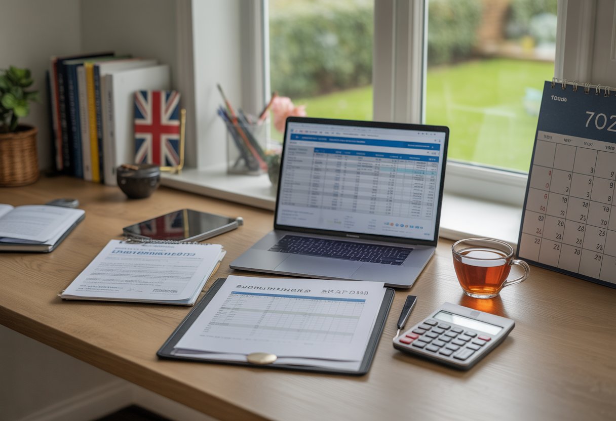 A tidy home office desk with a laptop, calculator, printed financial reports, and a cup of tea by a window overlooking a UK garden.