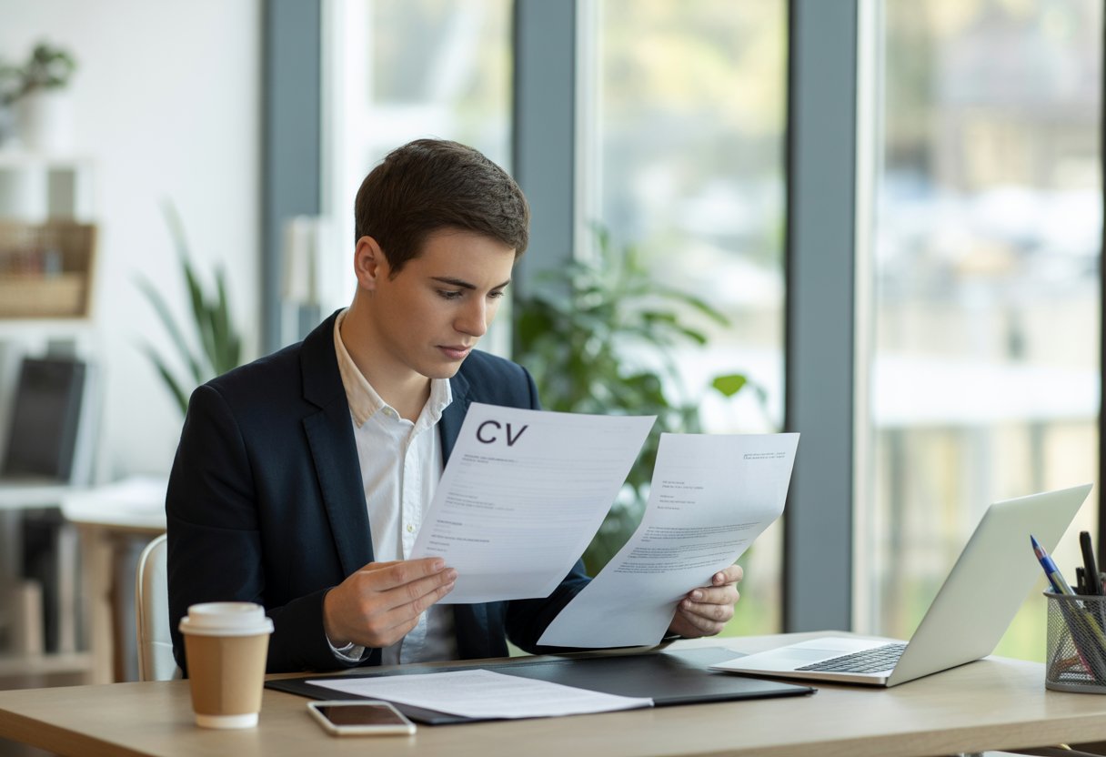 A young person sitting at a desk reviewing printed documents with a laptop nearby in a bright office.