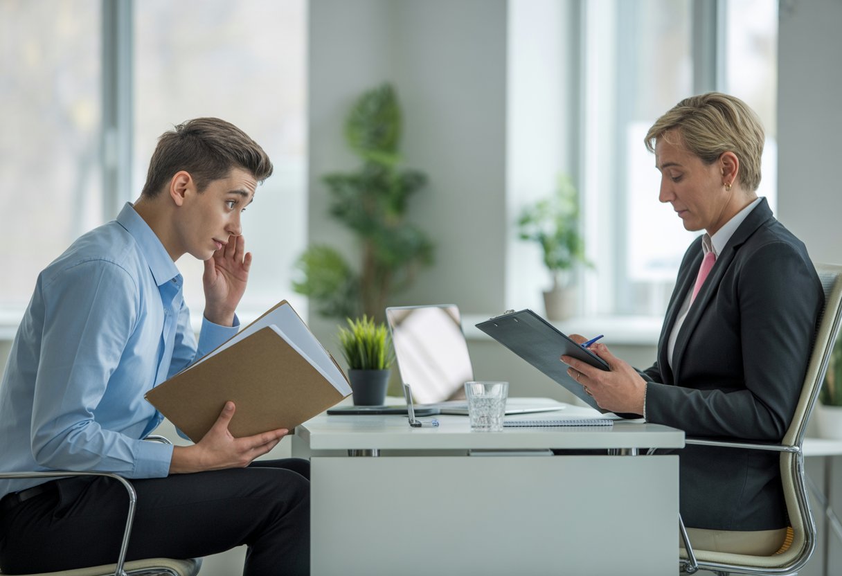 A young jobseeker nervously sitting at a desk during a job interview with an interviewer in a bright modern office.