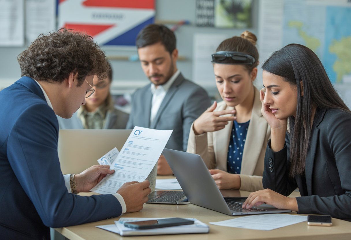 A group of people working on job applications in an office setting with laptops and documents, focused and collaborating.