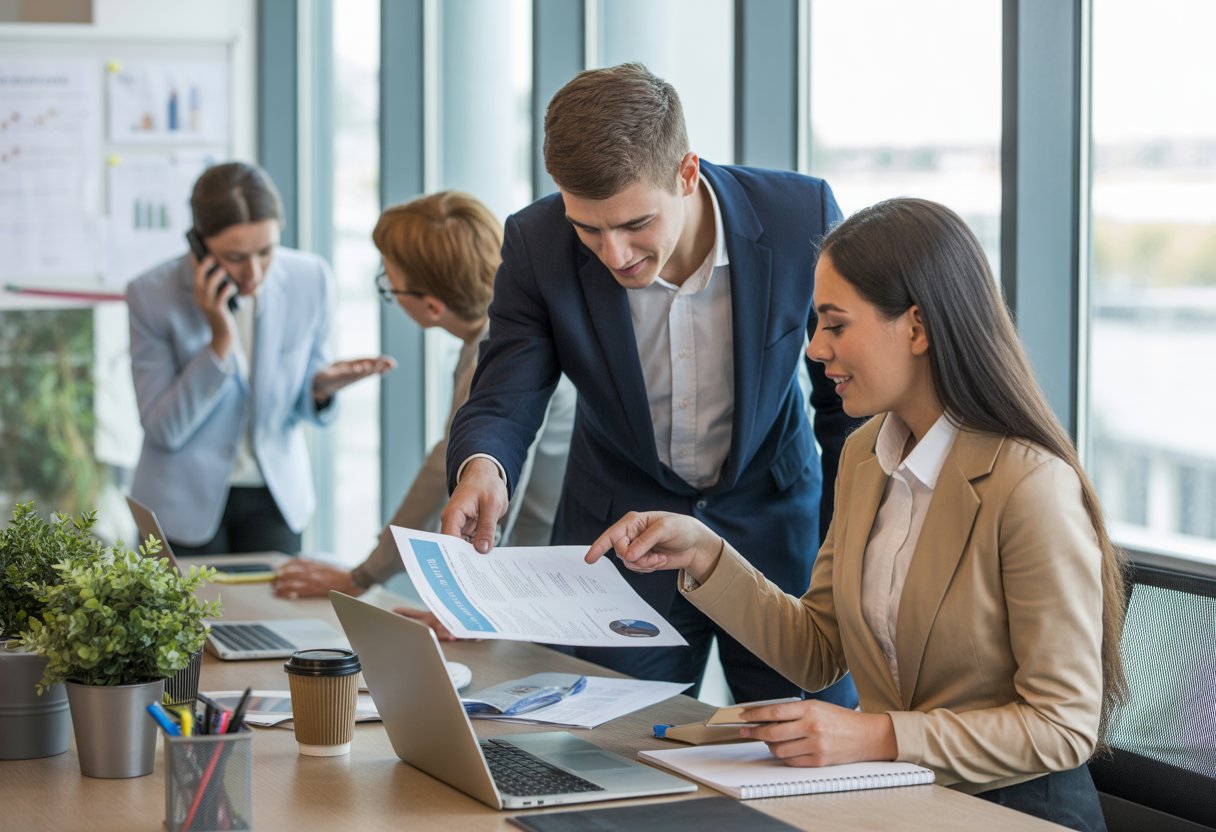 A group of people in a modern office reviewing documents and working together on job applications.
