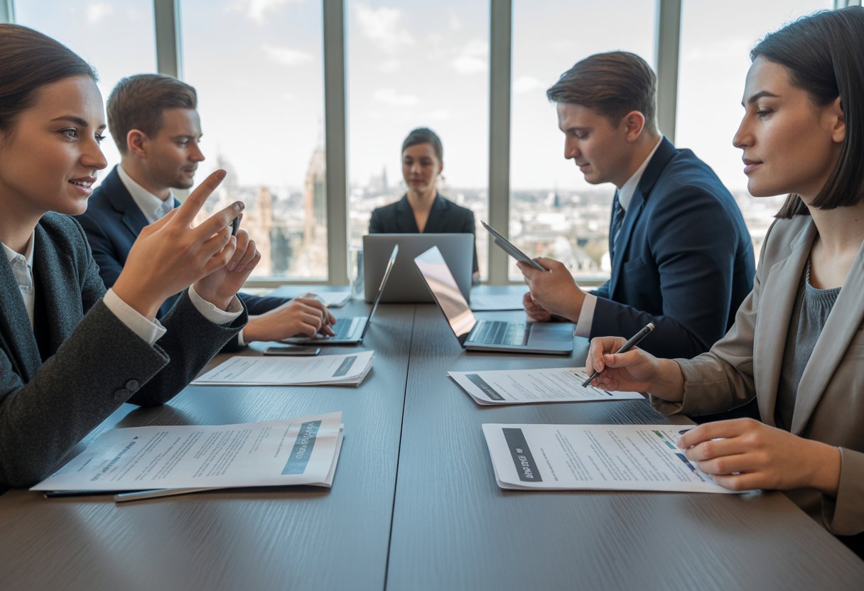 A group of professionals discussing job application documents around a table in a modern office with a city view.