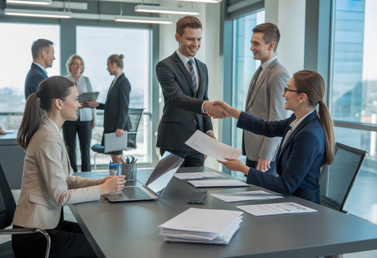 A recruiter and a job candidate shaking hands in a modern office with documents and a laptop on the desk.