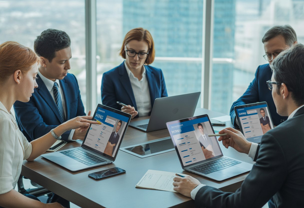 A group of professionals discussing digital job applications around a conference table in a modern office with a city view.