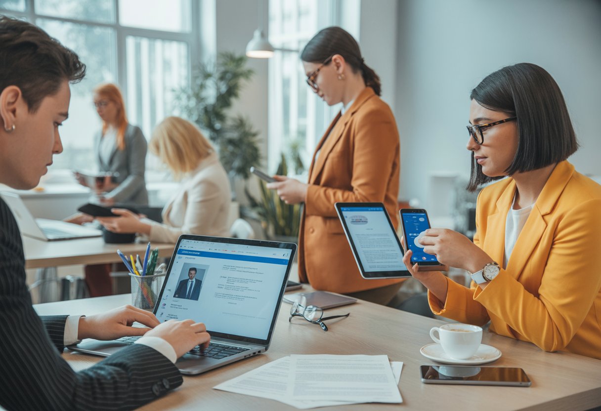 A group of young professionals working with laptops and tablets in a bright modern office space.