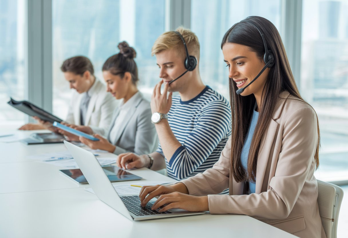 A group of young adults working in a modern office, engaged in different part-time jobs with a city view in the background.