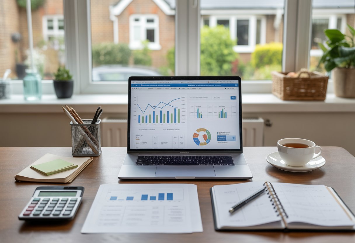 A home office desk with a laptop showing financial charts, a calculator, and a notepad, with a window overlooking a British suburban neighbourhood.