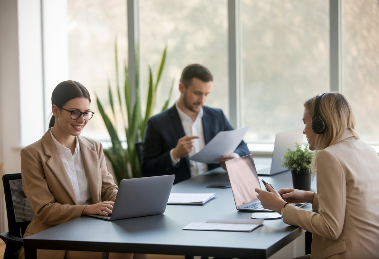 A bright office with diverse professionals working part-time, including a woman on a laptop, a man reviewing papers, and another person on a video call.