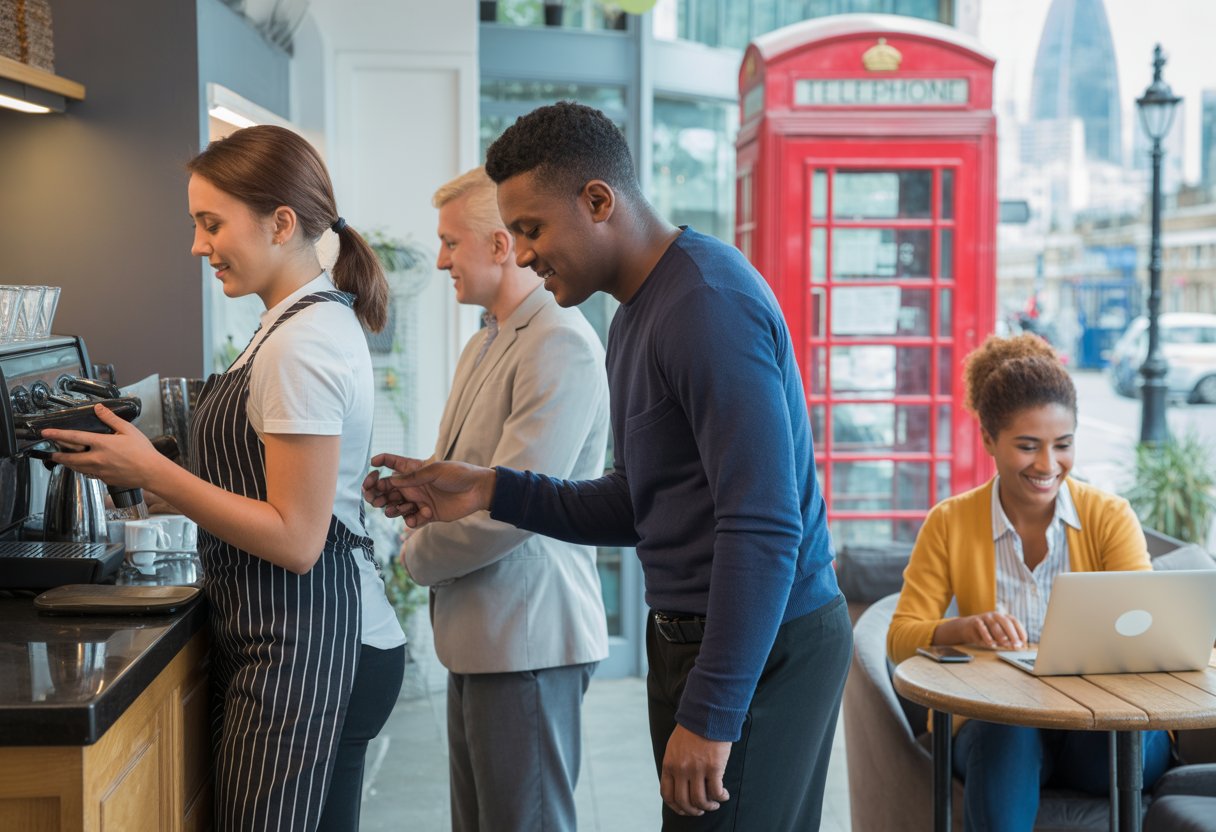 People working part-time jobs in the UK including a barista, retail assistant, and someone using a laptop at home, with a red telephone box and London cityscape visible in the background.