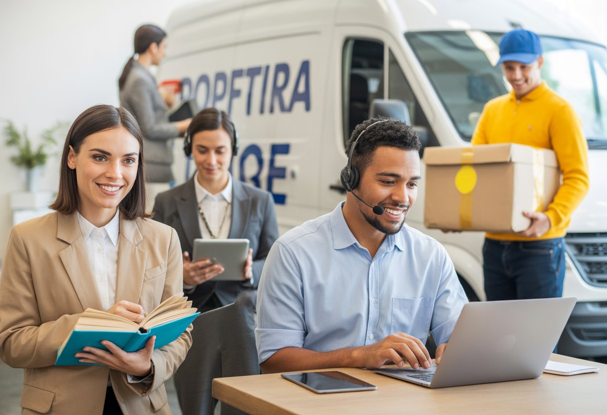 A diverse group of people working in different part-time jobs including tutoring, customer support, design, and delivery in a bright modern workspace.