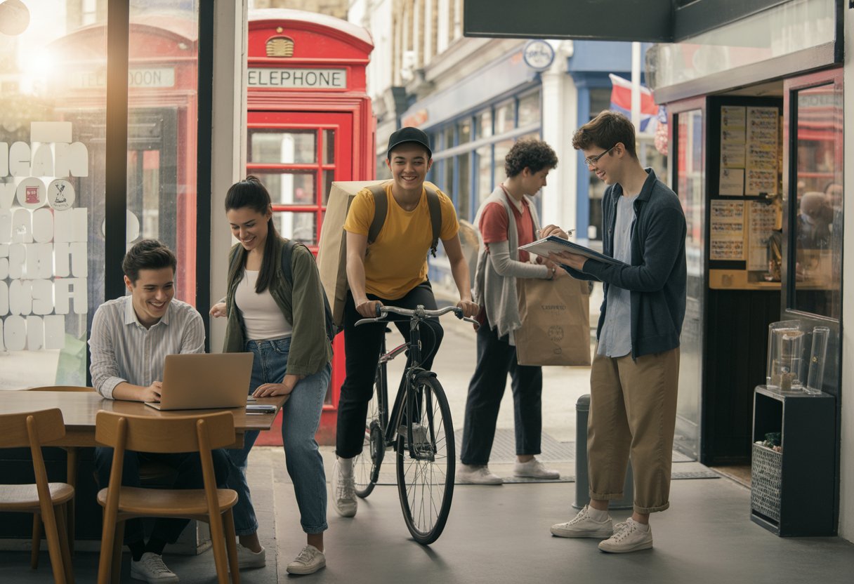 A group of young adults working in different part-time jobs in the UK, including using a laptop in a coffee shop, delivering packages by bicycle, helping customers in a store, and tutoring a student.