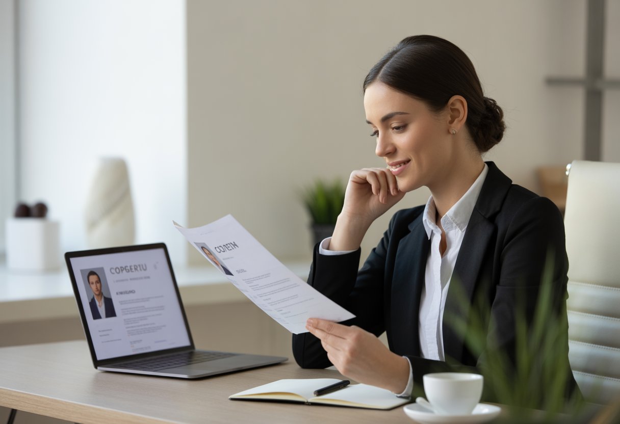 A young woman in business attire sits at a desk reviewing a CV with a laptop and office supplies nearby in a bright office.