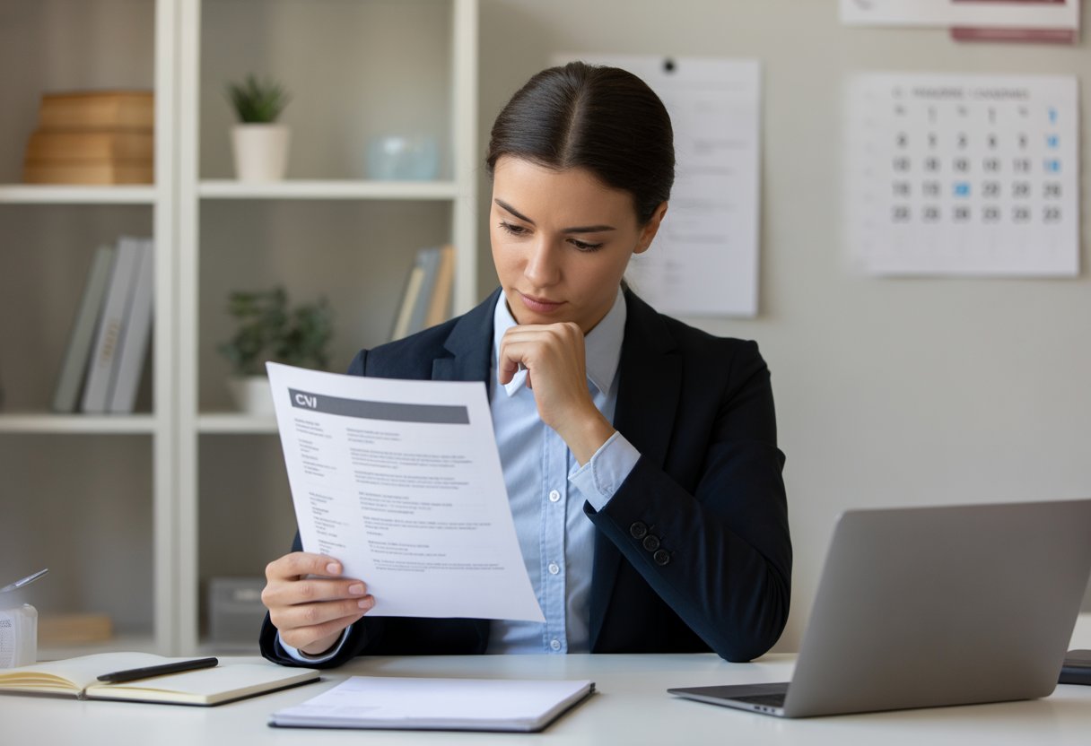 A young adult sitting at an office desk, reviewing a CV with a focused expression in a clean, organised workspace.
