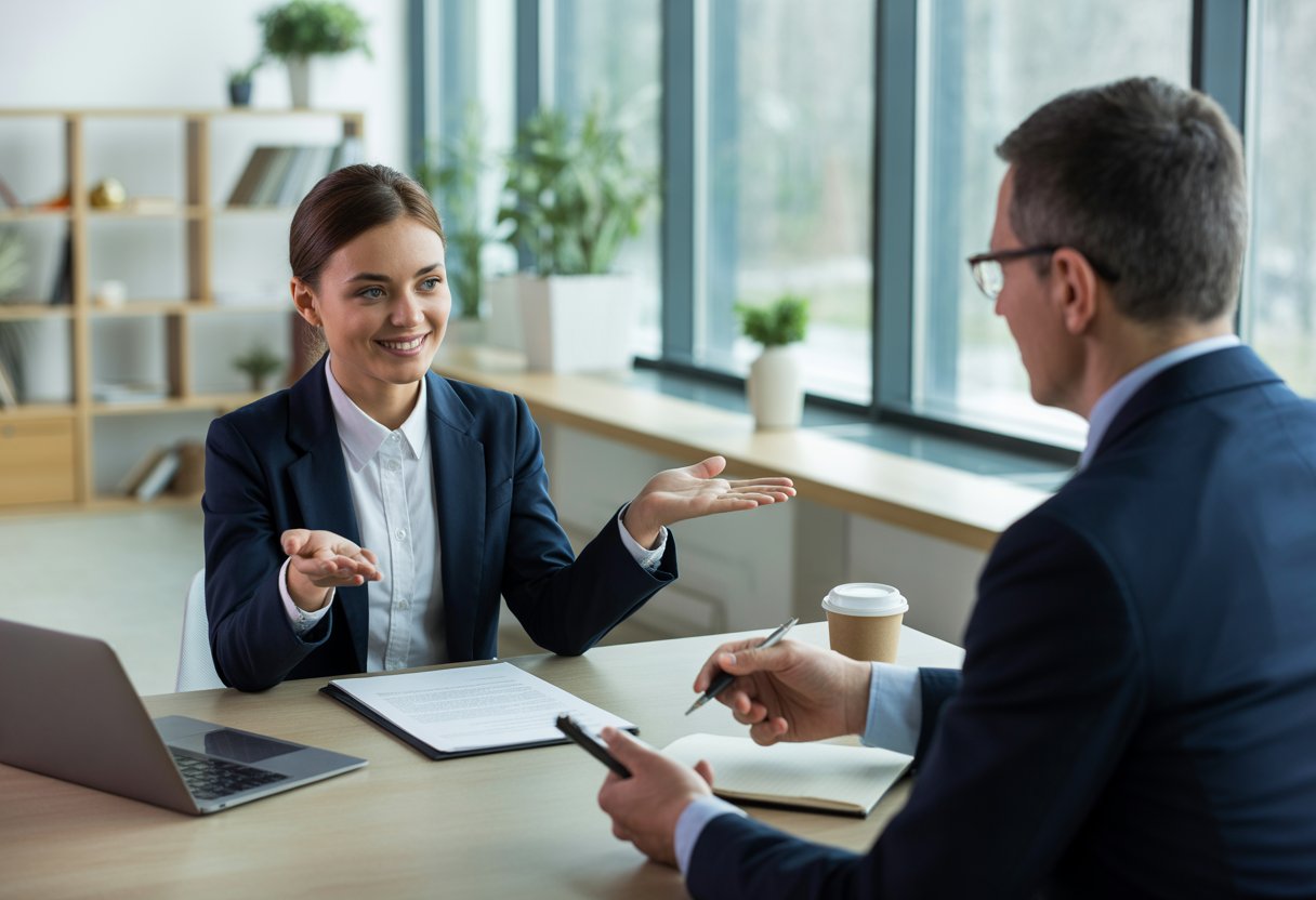 A job candidate and an interviewer sitting at a table in an office, engaged in a professional conversation.