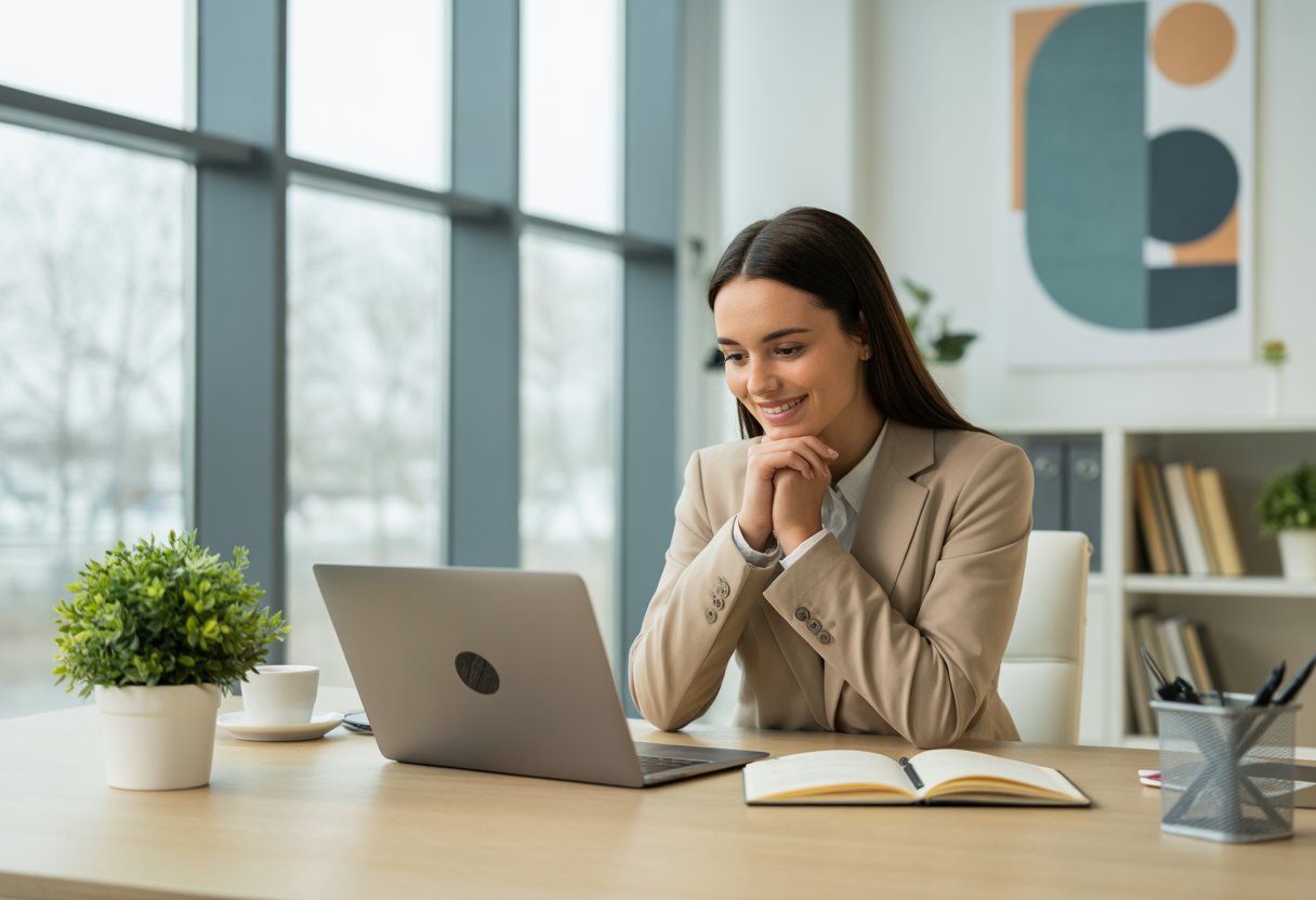 A woman sitting at a desk in an office, looking at her laptop with a thoughtful smile, surrounded by office items like a plant, coffee cup, and notebook.