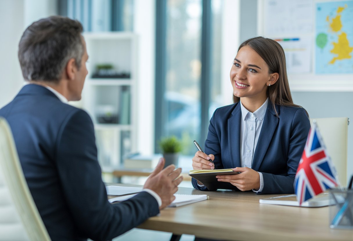 A young professional woman and an interviewer sitting across from each other at a desk in a modern office, engaged in a job interview.