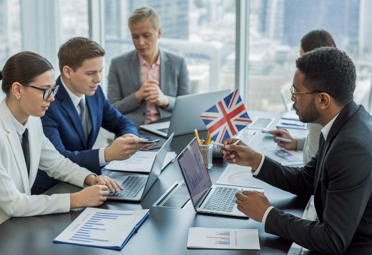 A group of professionals collaborating around a table with laptops and financial documents in an office with a view of London.