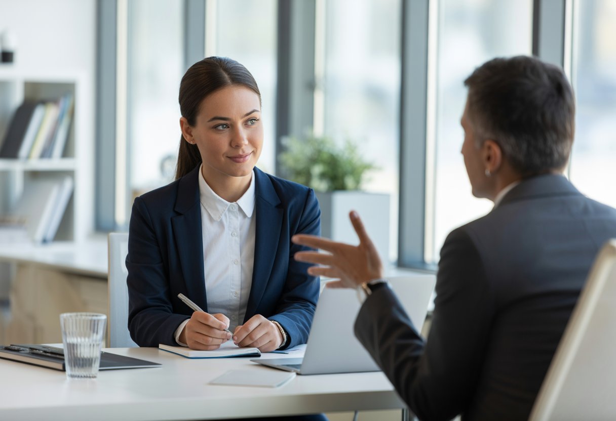 A young professional woman in business clothes sitting at a desk during an interview with a male interviewer in a bright office.