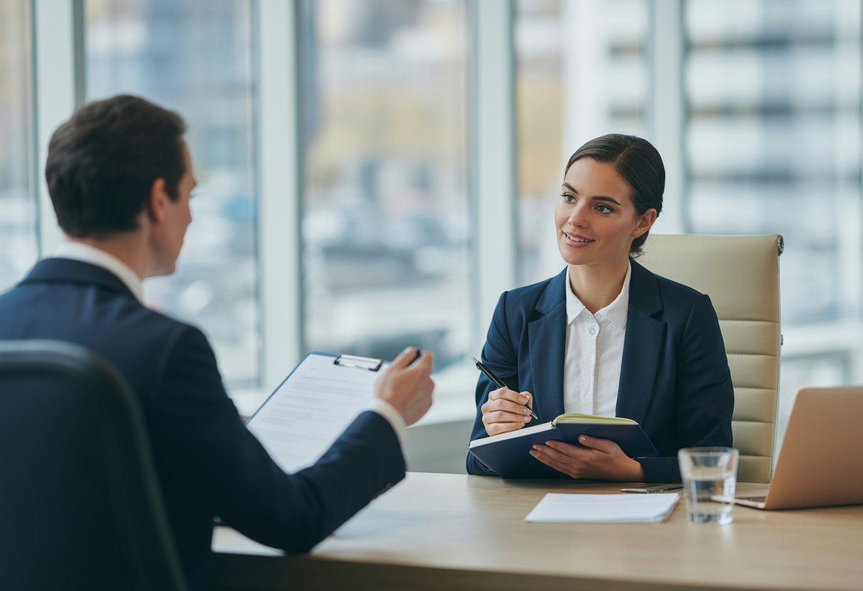 A young professional woman in business attire attentively participating in an interview at a modern office desk with a city view in the background.