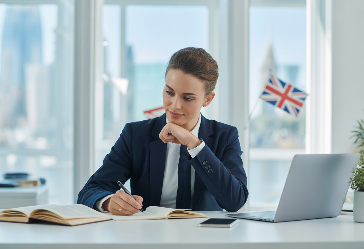 A young professional at a desk writing notes with a laptop and books in a bright office with a view of London outside.