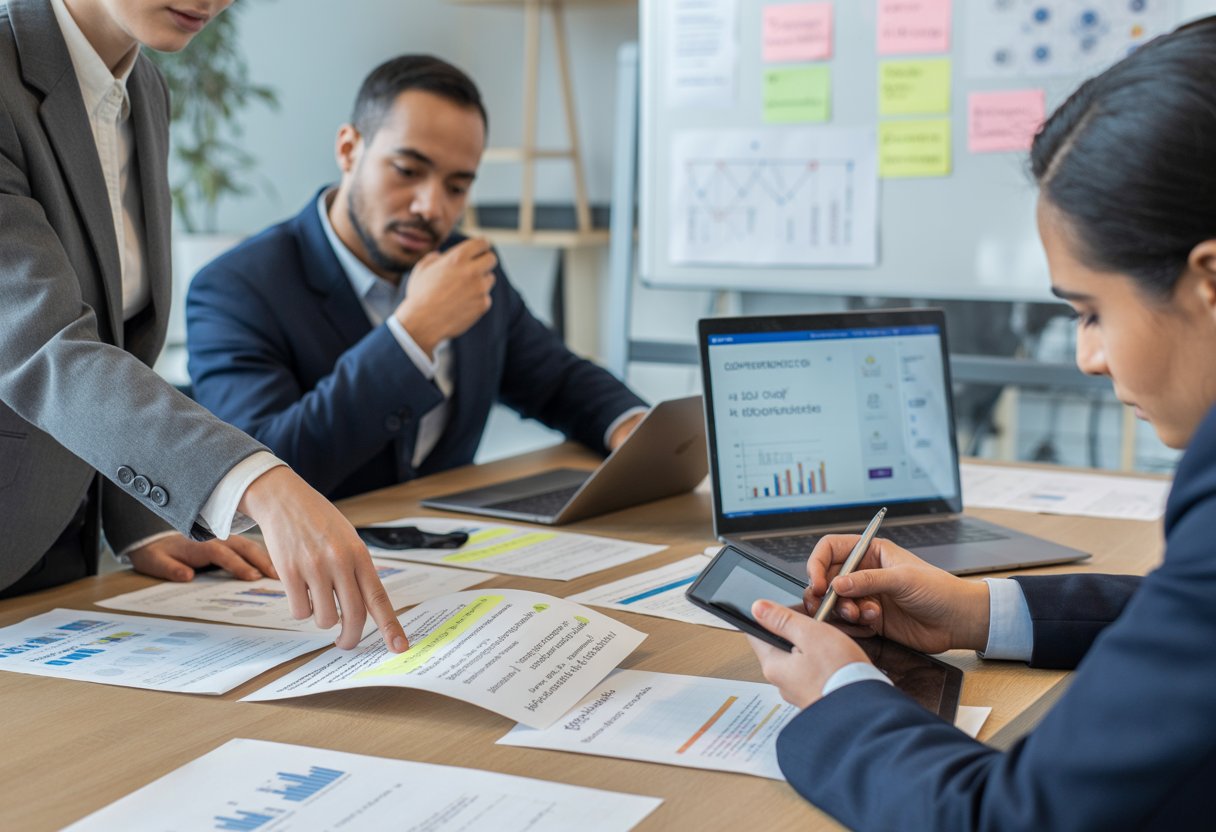 Three business professionals in a conference room reviewing documents and laptops, collaborating on analysing job descriptions.