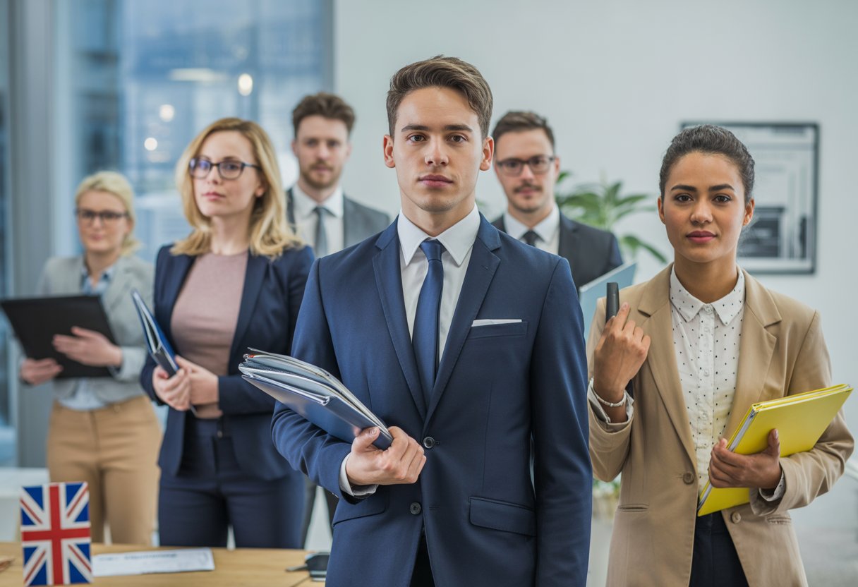 A group of diverse job candidates dressed in different professional outfits suitable for various UK industries, standing in a modern office reception area.