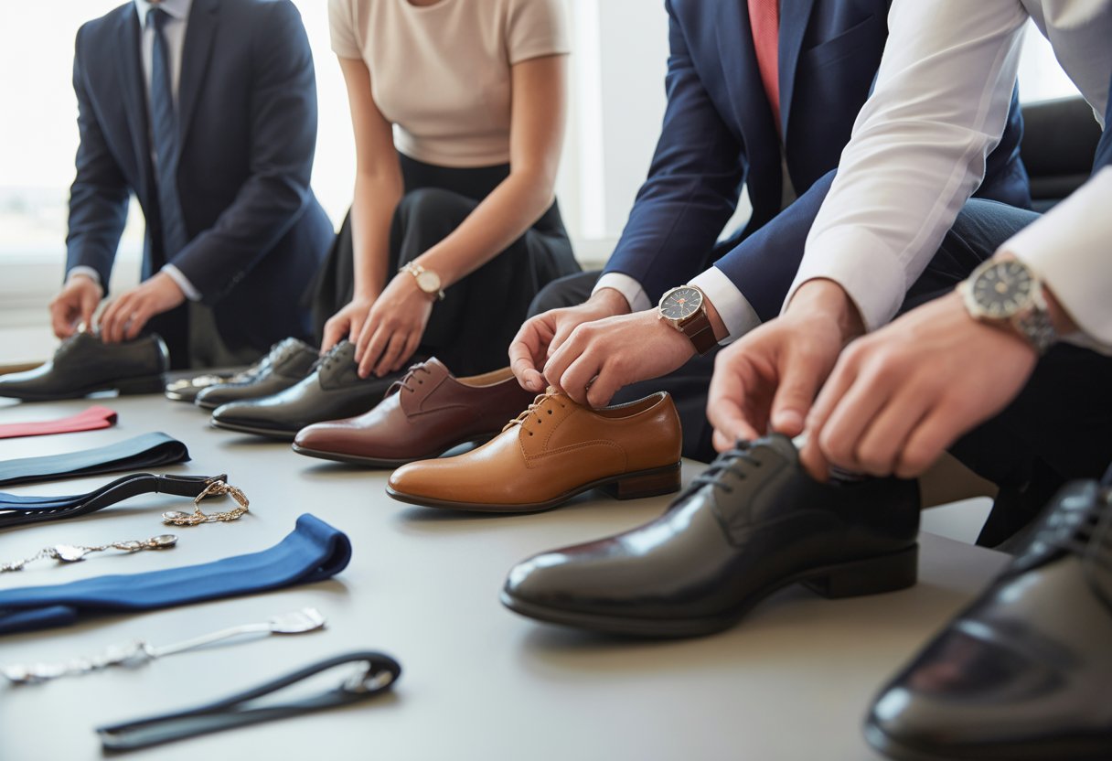 People dressed in business clothes preparing their accessories and shoes for a job interview in a modern office setting.