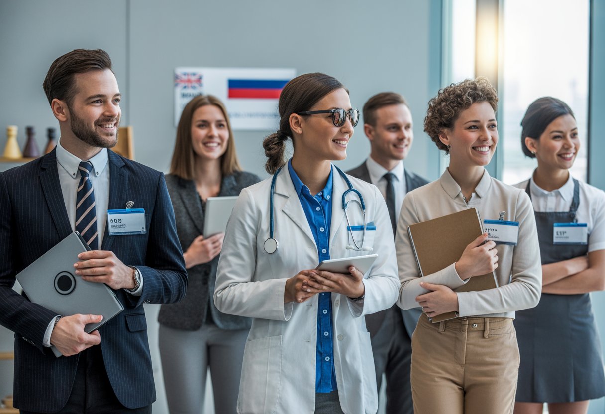 A group of people dressed in different professional outfits representing various industries, standing together in an office setting preparing for job interviews.
