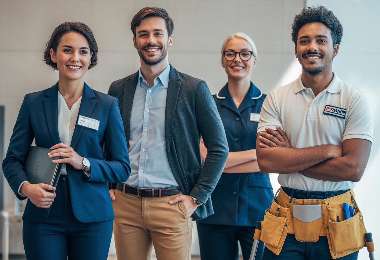 Four people dressed in different professional outfits representing various UK industries, standing together in an office setting.