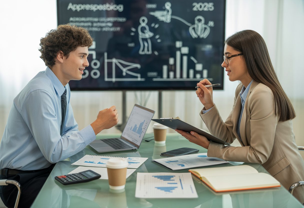 Two young adults discussing financial documents and charts in a modern office with a digital screen showing abstract data in the background.