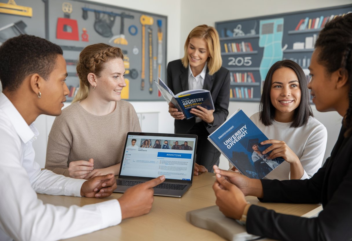 A group of young adults discussing career options with a professional advisor in a modern office, with symbols of apprenticeships and university education in the background.