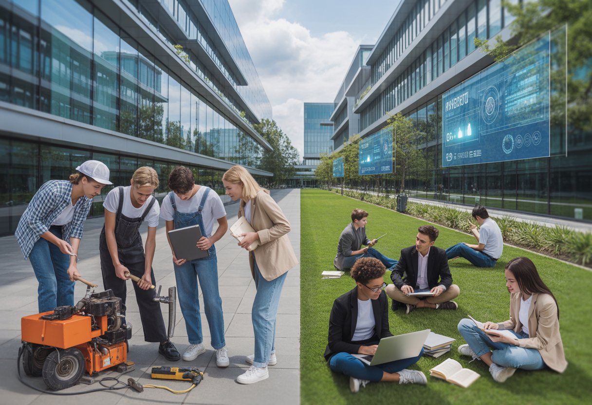Students studying and working in a modern university campus, some in an apprenticeship workshop and others studying outdoors on a lawn.