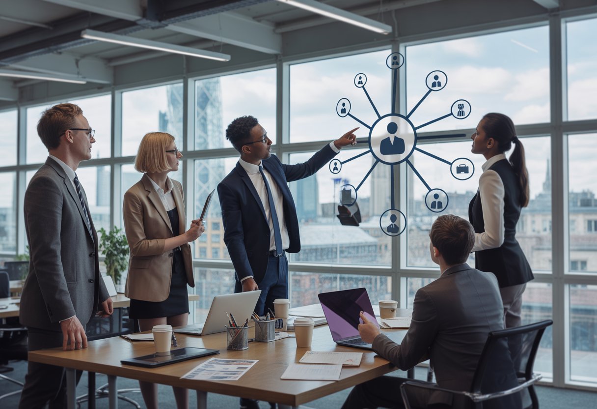 A group of professionals in an office discussing job search strategies with a digital screen showing icons representing job boards and networking connections.