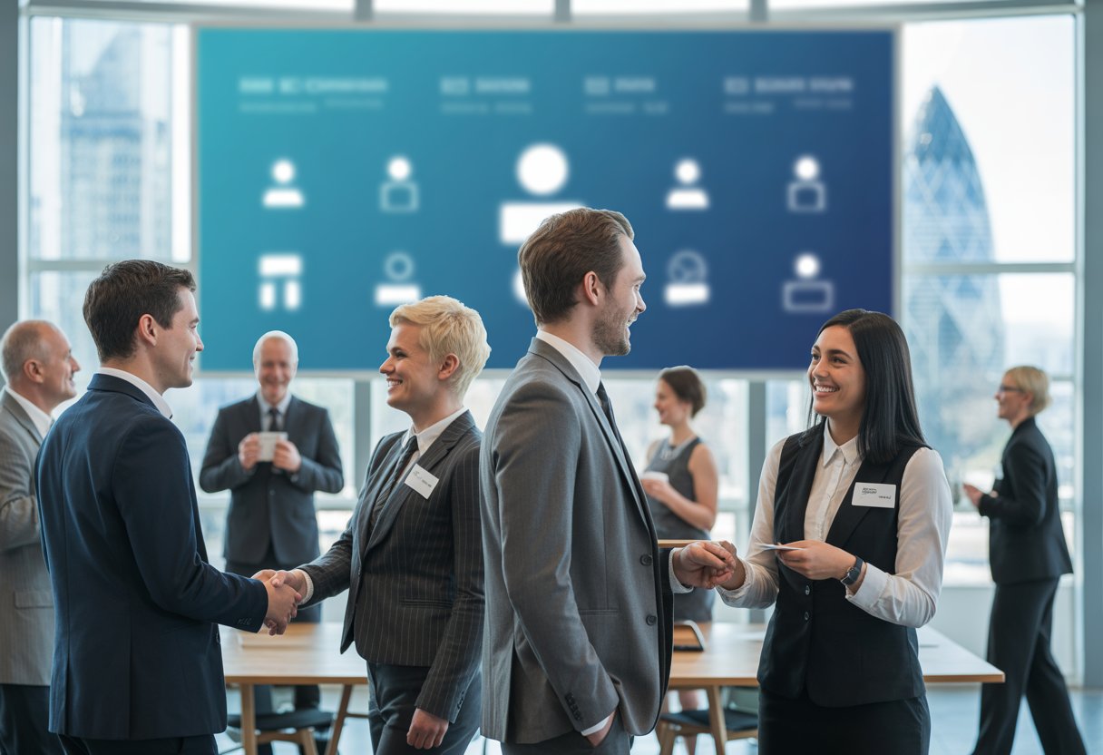 A group of professionals in a modern office networking by shaking hands and talking, with a cityscape visible through large windows.