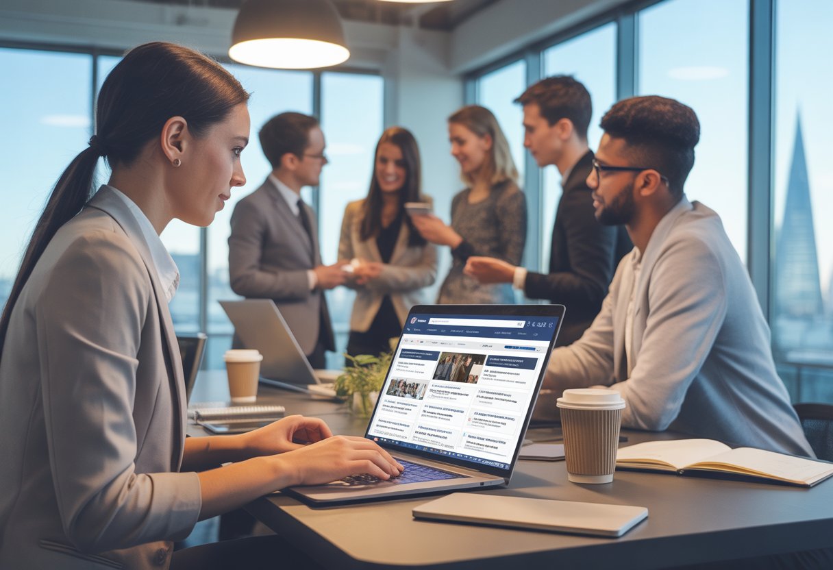 A group of diverse professionals in a modern office, one person using a laptop to search for jobs while others are having a networking conversation around a table.