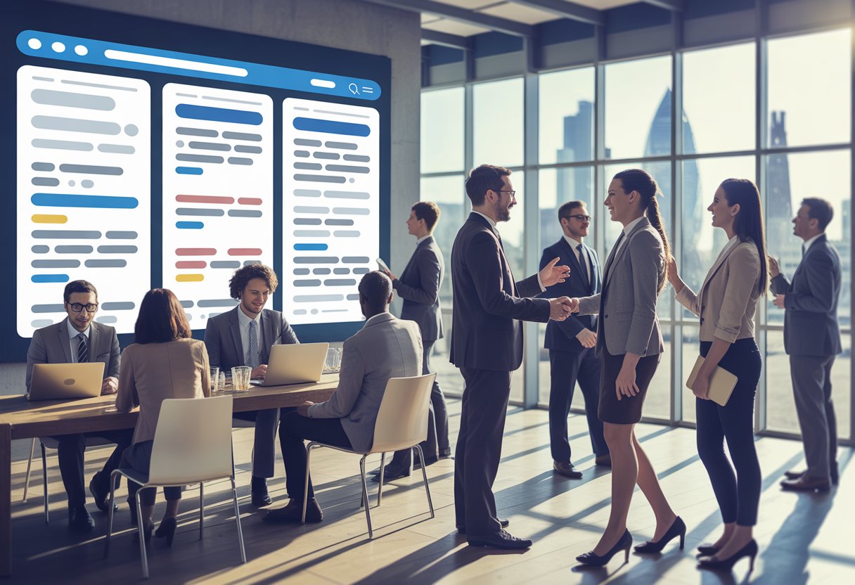 Two groups of people in a modern office, one using laptops to browse job listings and the other networking by shaking hands and talking.