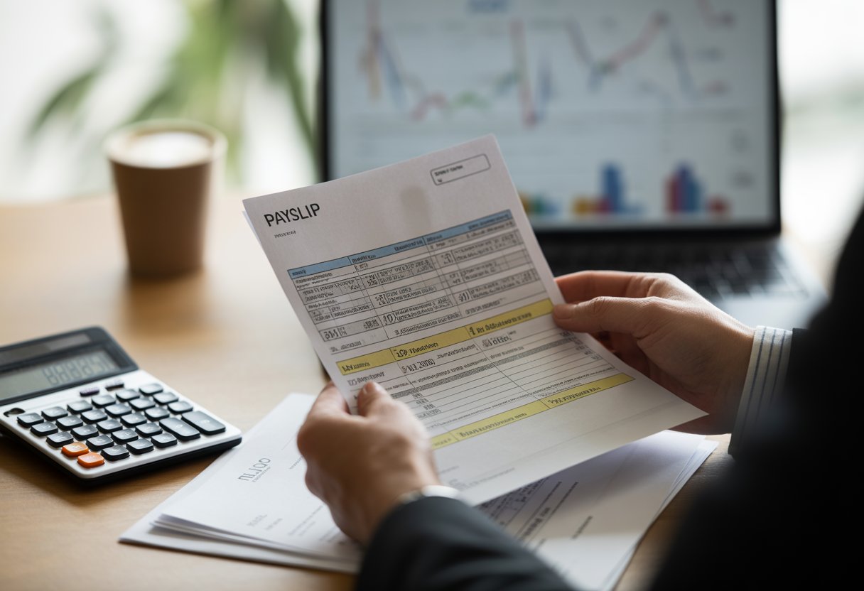 A person holding a payslip at a desk with a calculator and laptop, reviewing financial details.