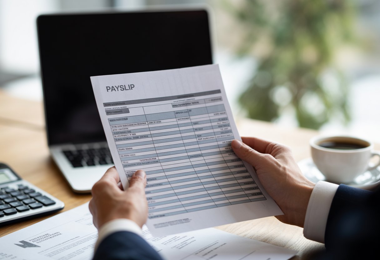 Close-up of hands holding a payslip over an office desk with a laptop and calculator in the background.